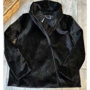 Vintage Y2K Poleci Coat Jacket Womens 8 Black Faux Fur Pleated Silk Lined Retro
